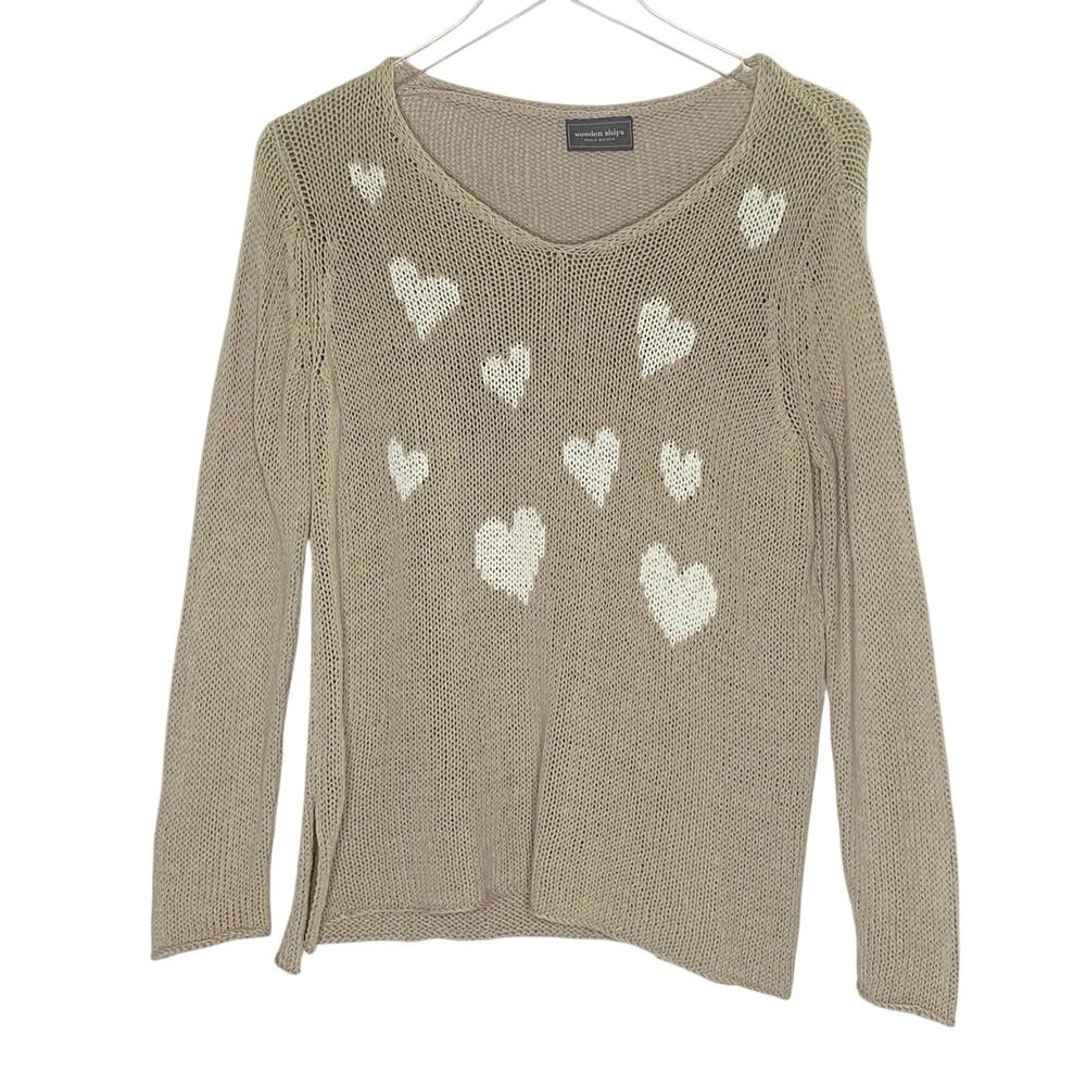 Wooden Ships Mini Hearts Sweater XS Beige White Scoop Neck Open Knit